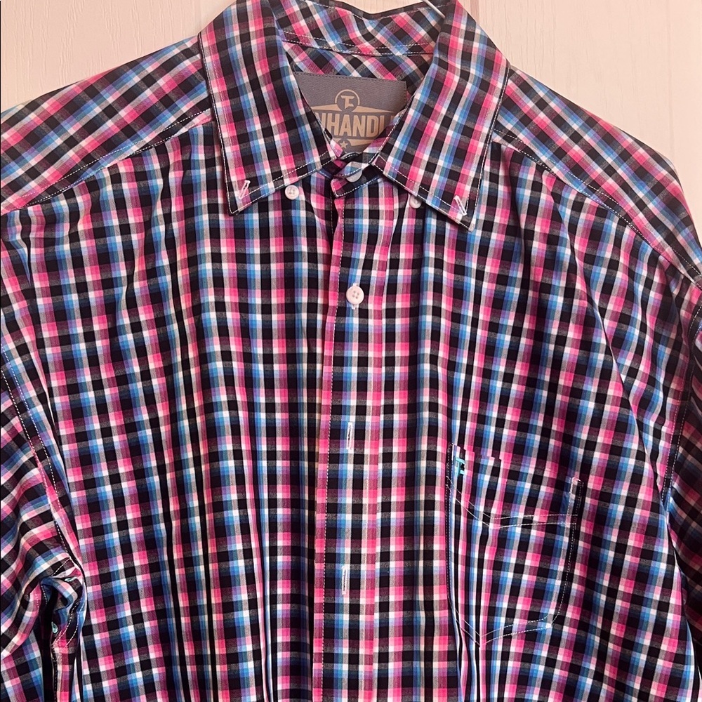 Panhandle Men’s Pink & Blue Plaid Button-Down Shirt with pit vents